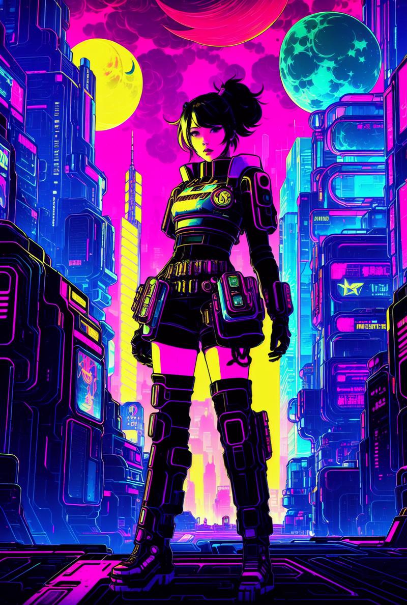 24694-1757271758-Cute girl. cyberpunk themed. Magical art. High contrast. silhouetted by a moonlit sky, giant moon in the sky. in the middle of a.png